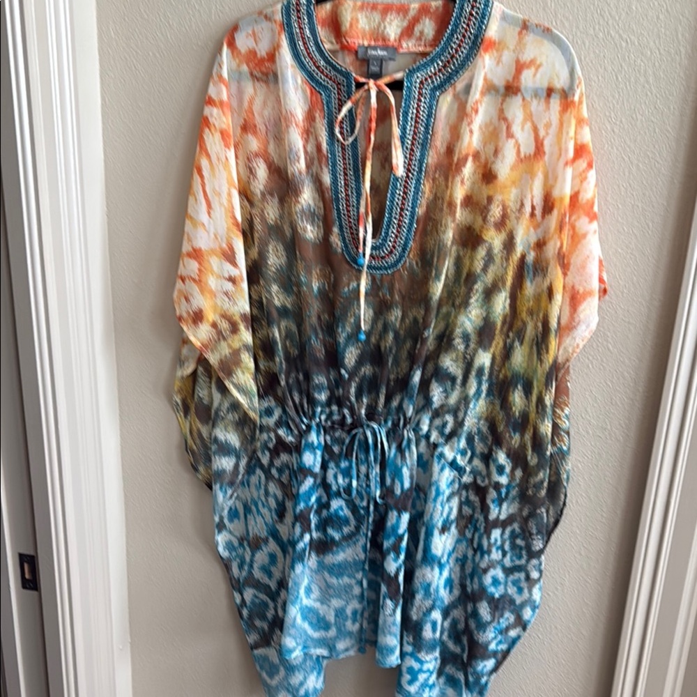 Neiman Marcus Colorful Animal Print Bohemian Beaded Tunic Top